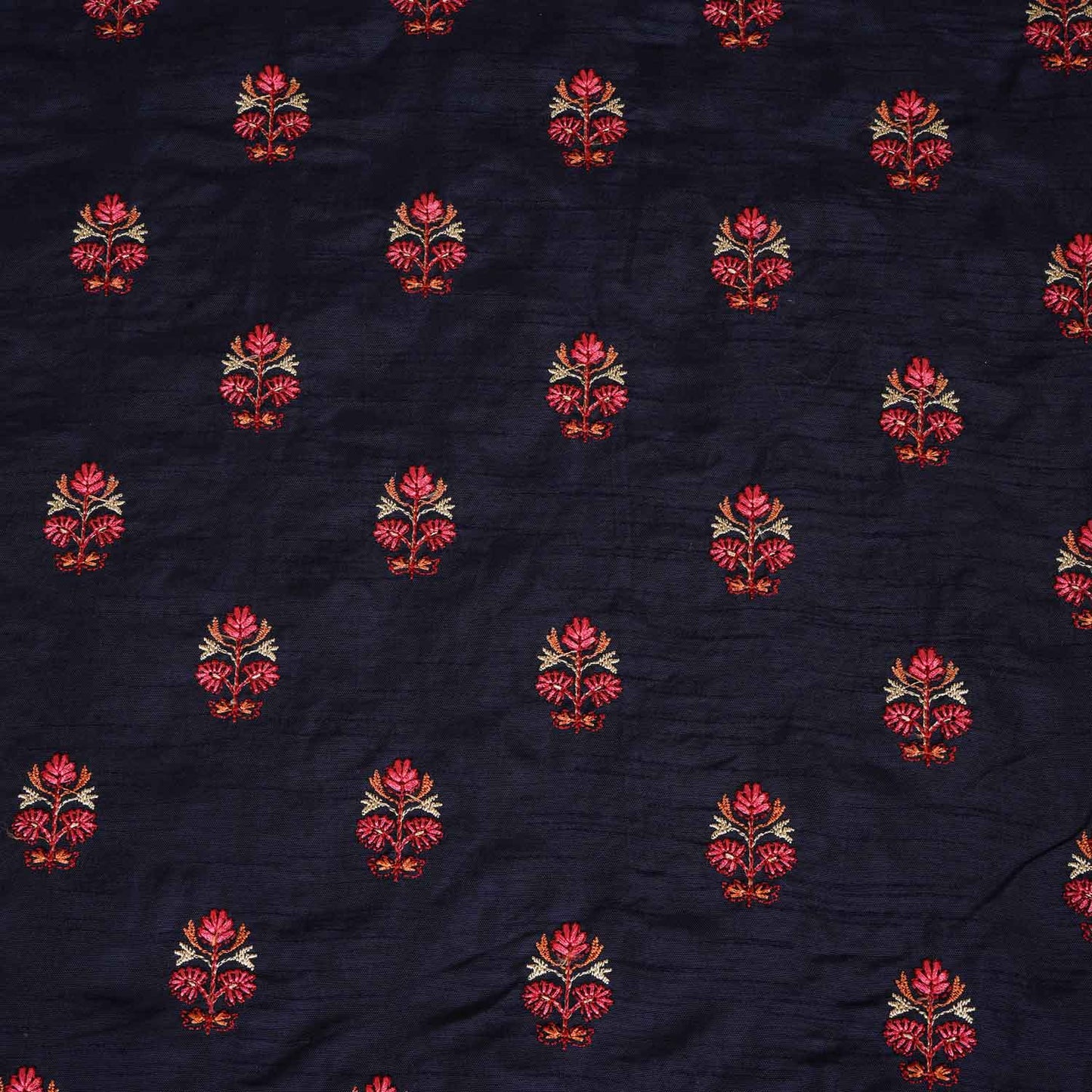 Navy Blue Kashmiri Embroidery Raw Silk Fabric RA-28209