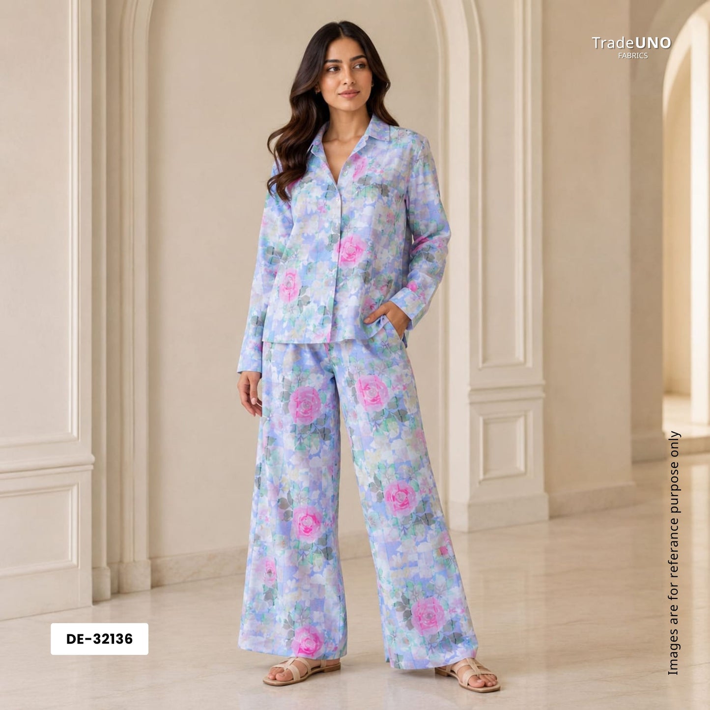 Blue Dobby check floral print Cotton Linen Fabric DE-32136