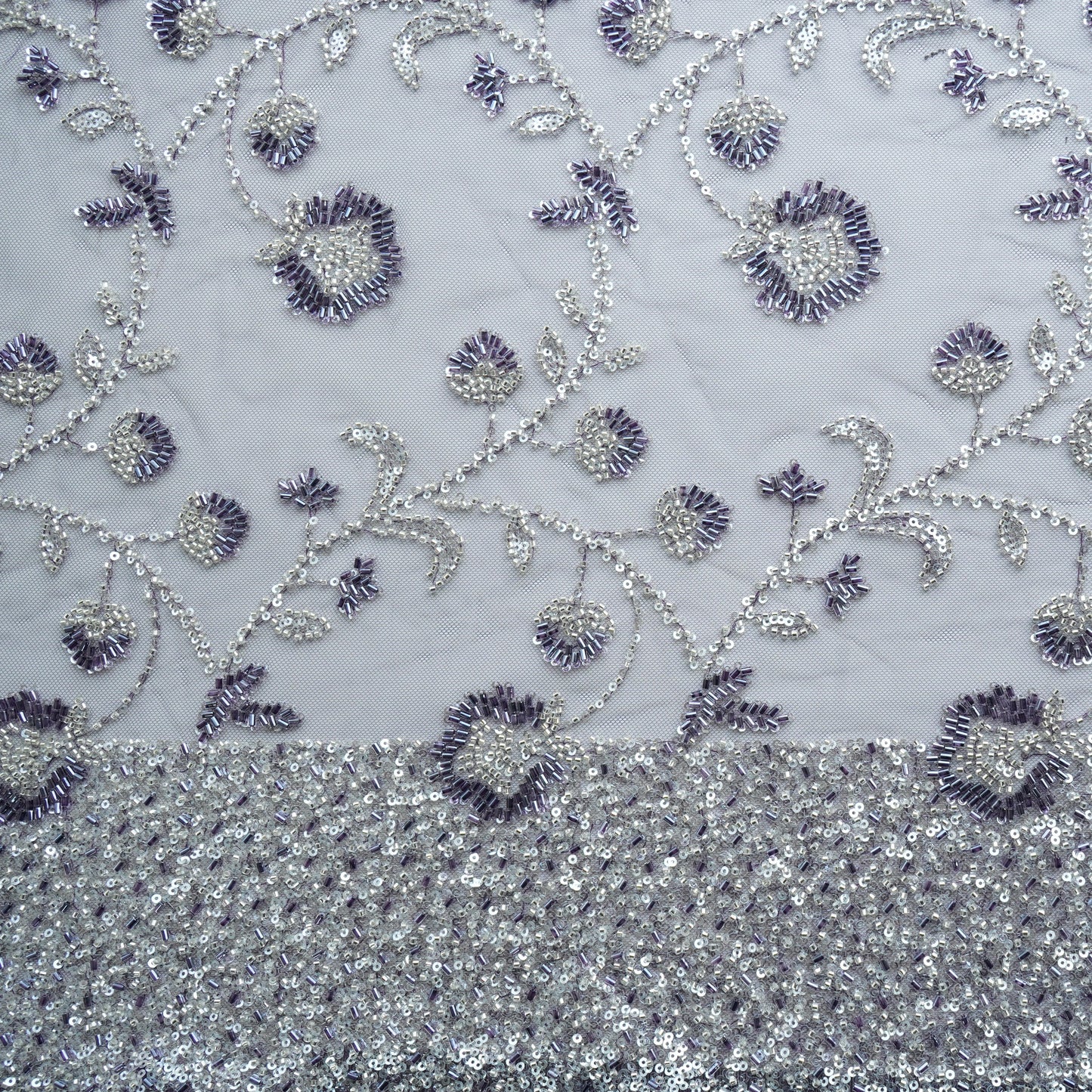 Purple Cutdana Sequins Embroidery Net Fabric