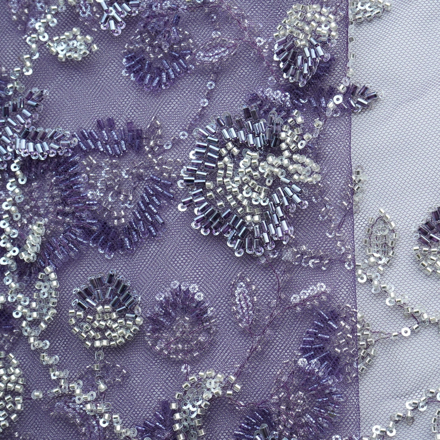 Purple Cutdana Sequins Embroidery Net Fabric