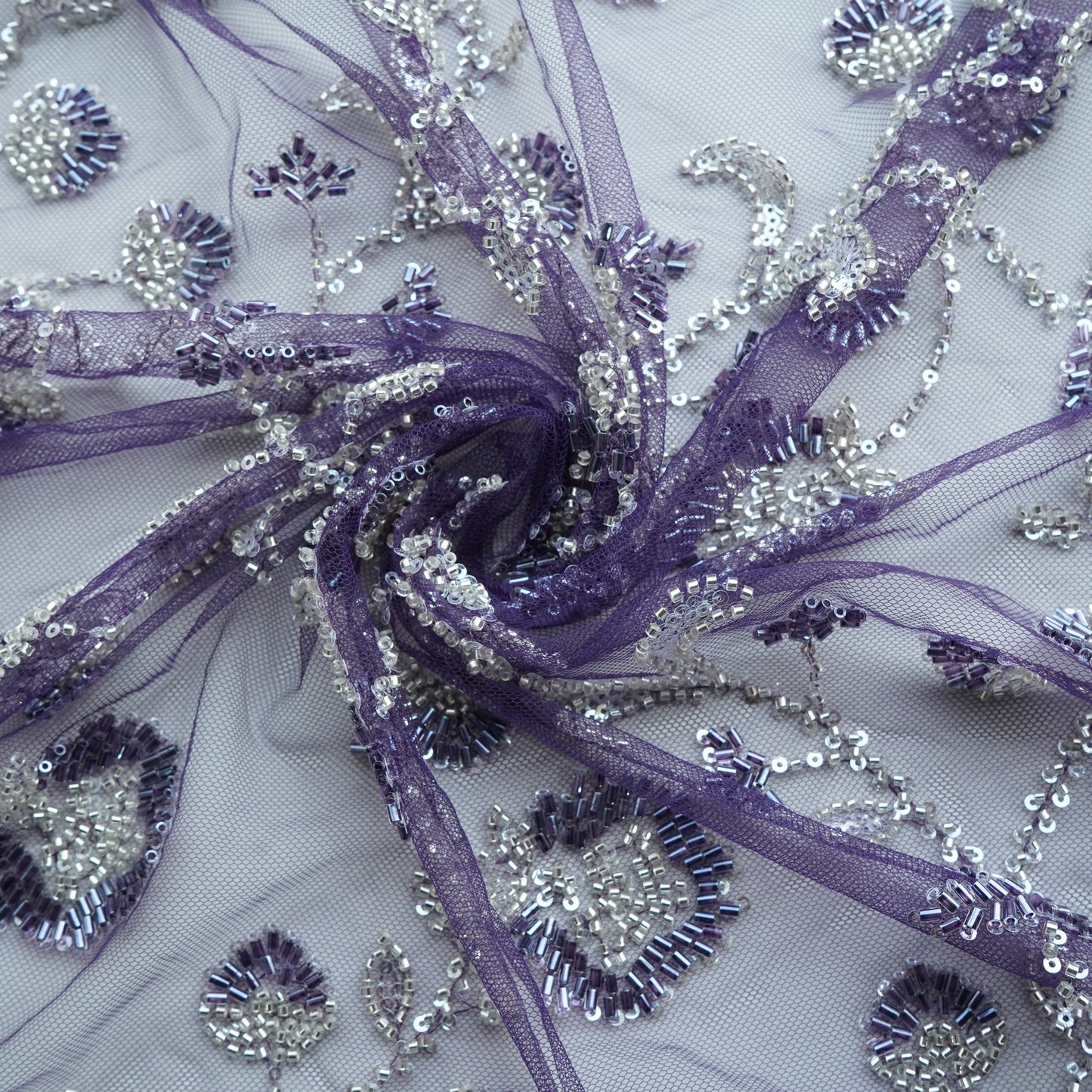 Purple Cutdana Sequins Embroidery Net Fabric
