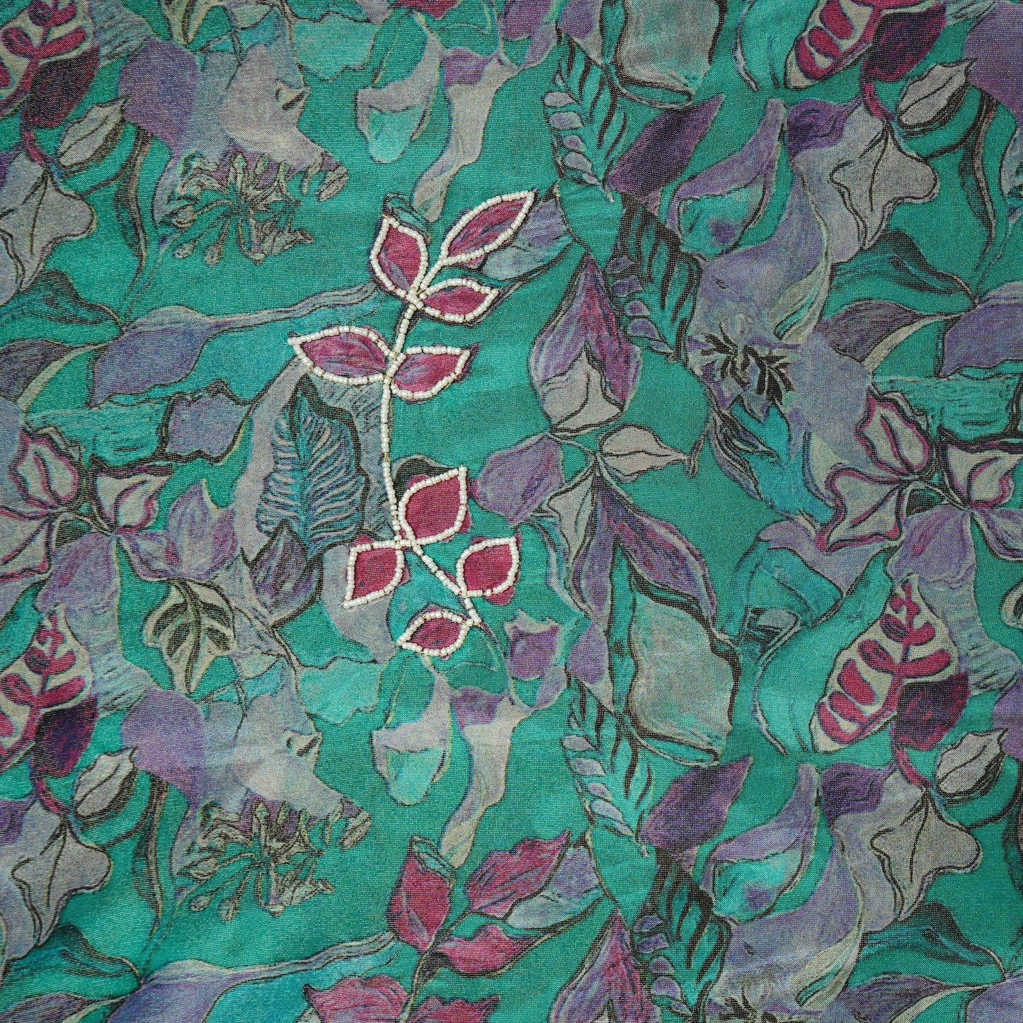 Sky Blue Cutdana & Pearl Floral Print Pure Tissue Fabric 21272