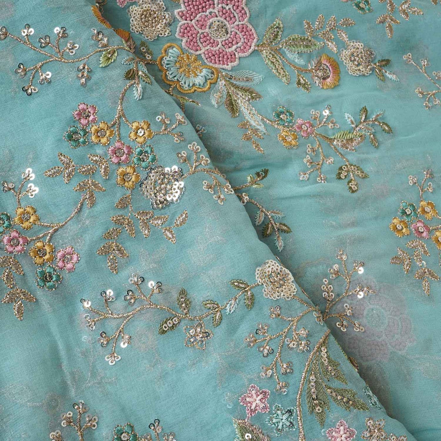 Blue French knot Thread Embroidery Georgette Fabric RA-28214