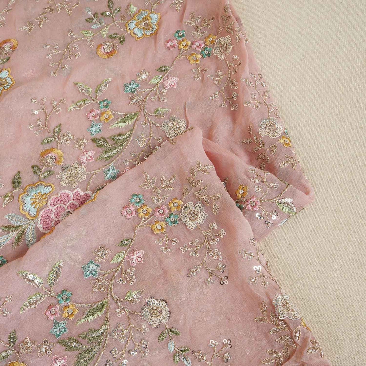 Pink French knot Thread Embroidery Georgette Fabric RA-28215