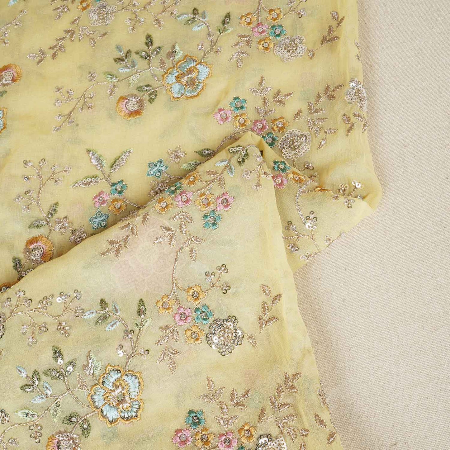 Yellow French knot Thread Embroidery Georgette Fabric RA-28216
