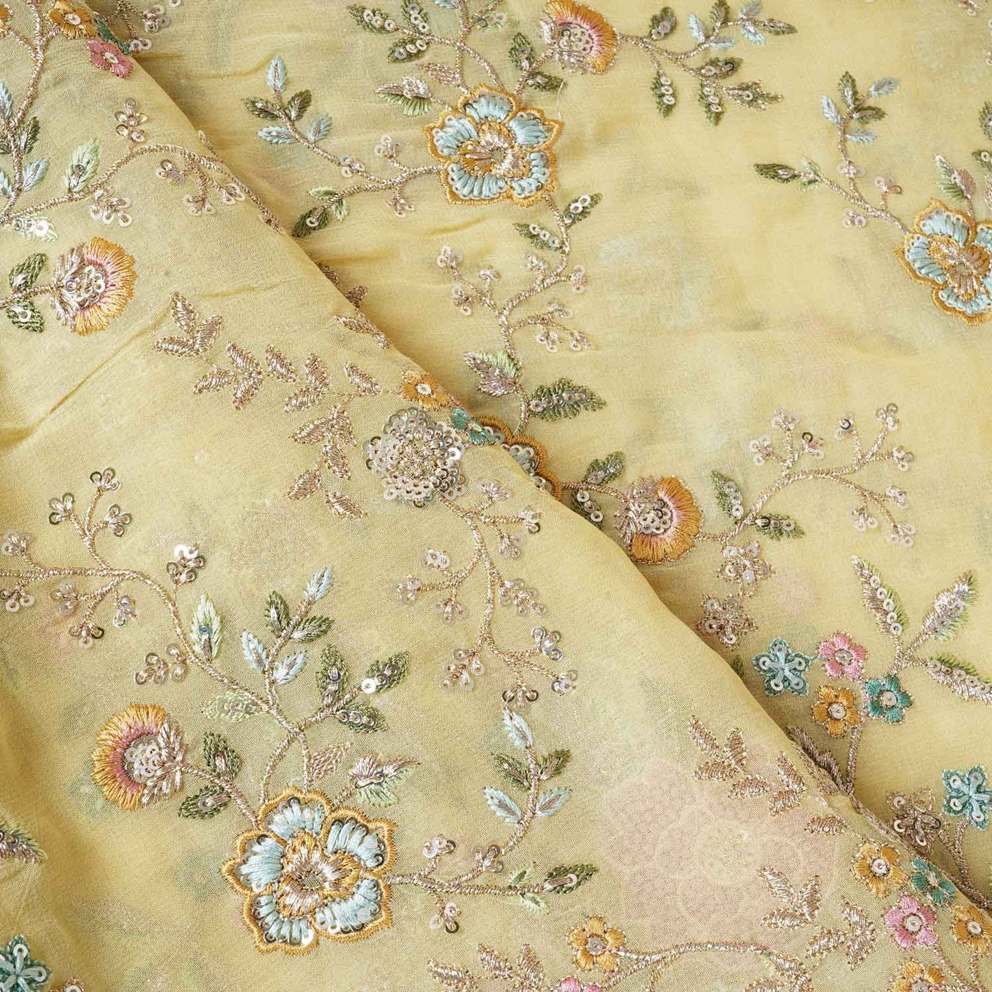 Yellow French knot Thread Embroidery Georgette Fabric RA-28216