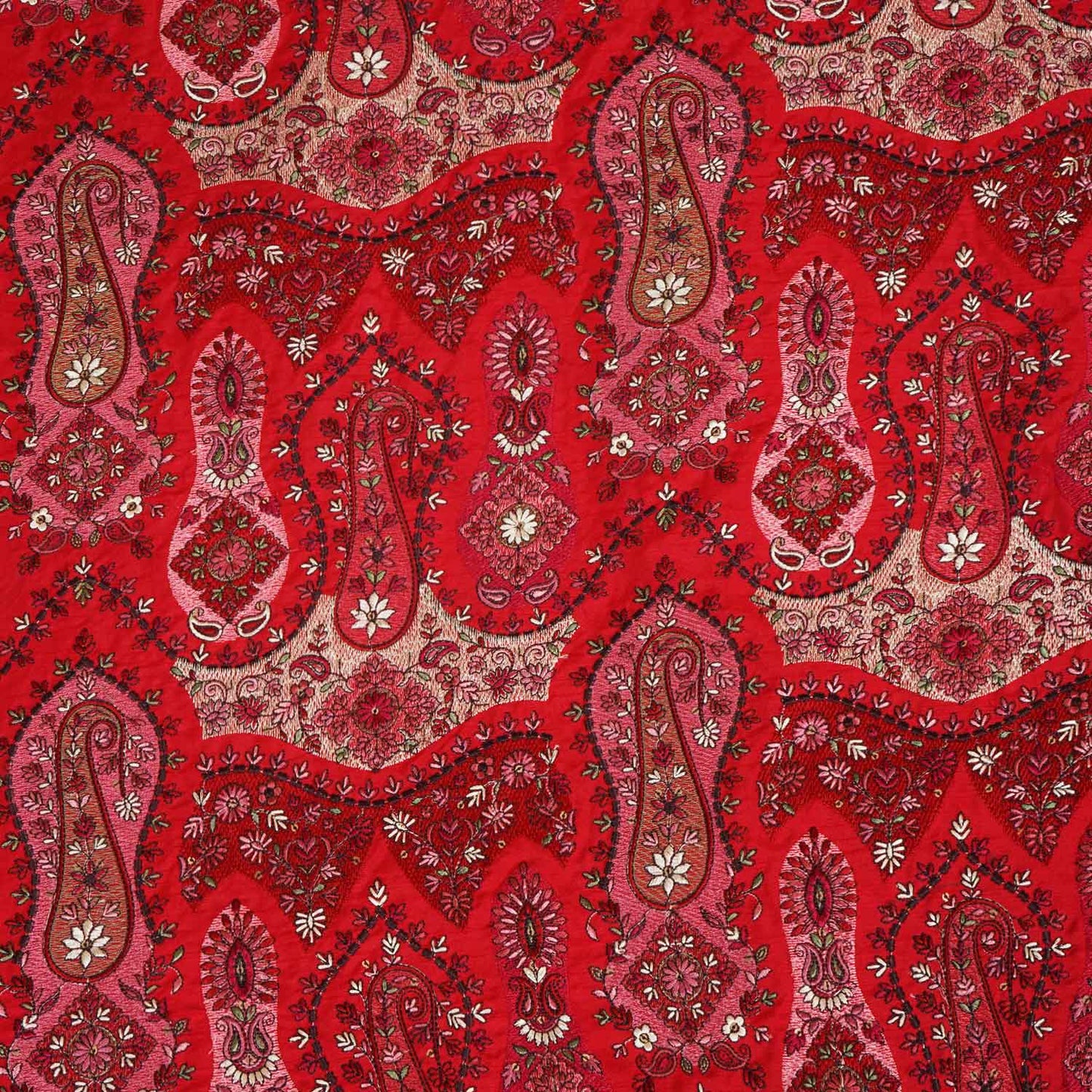 Red Kashmiri Embroidery Raw Silk Fabric DRAJ-28218