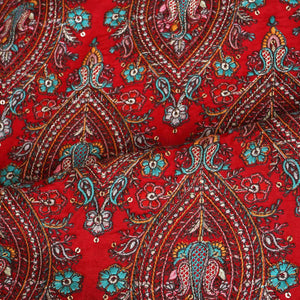 Red Kashmiri Embroidery Raw Silk Fabric DR-28219 - TradeUNO