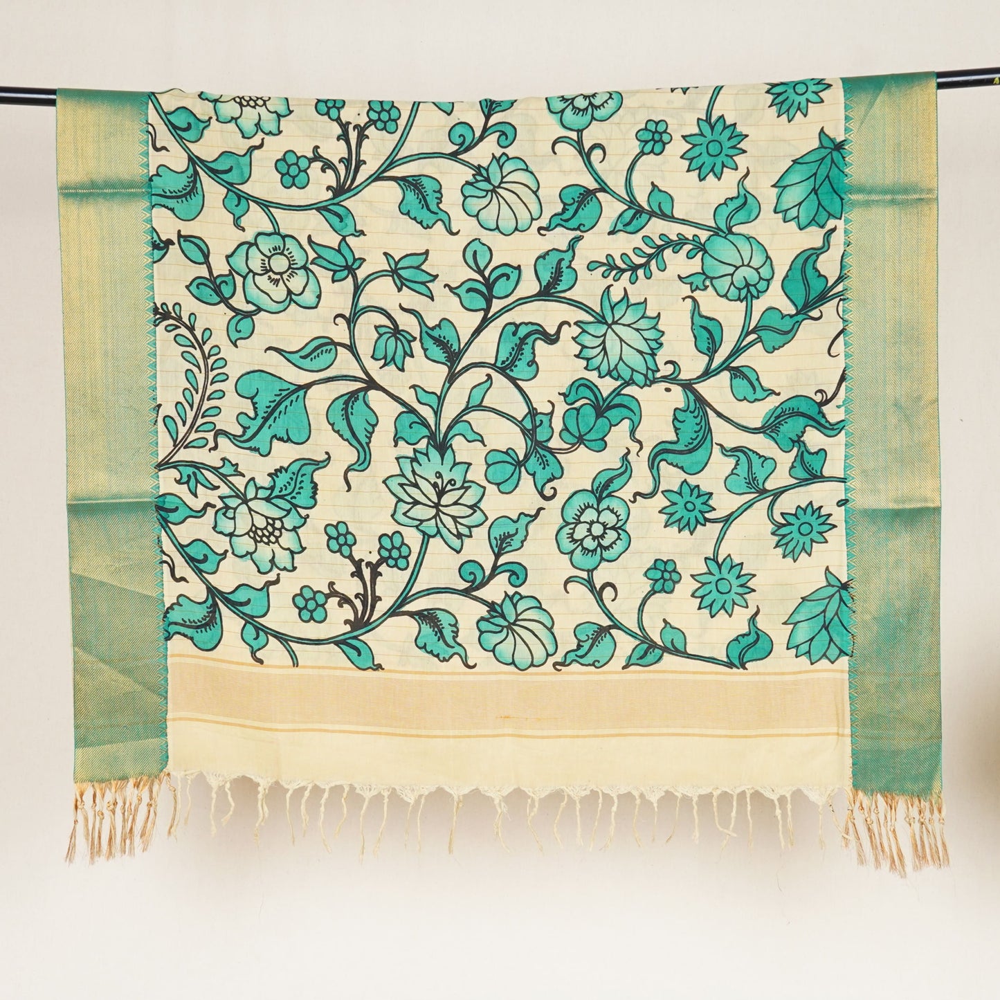 Beige & Green Pen Kalamkari Cotton Silk Dupatta