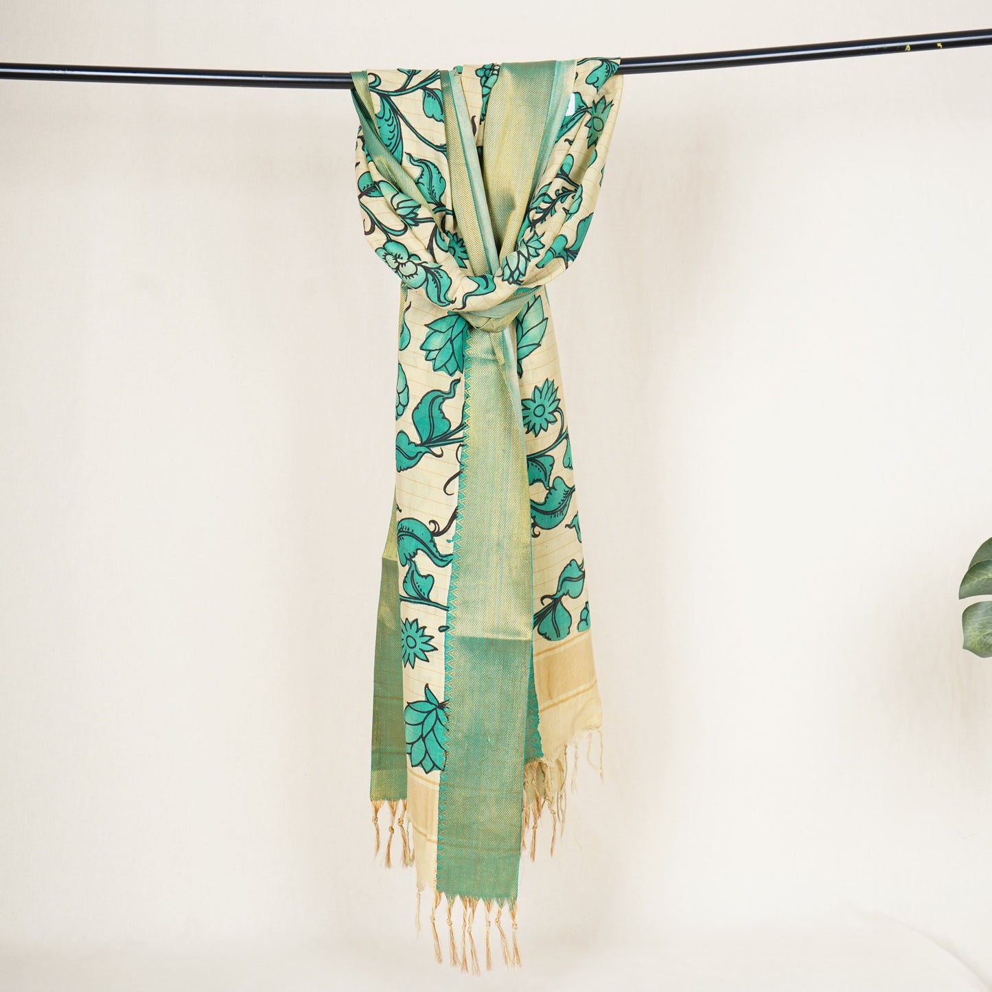 Beige & Green Pen Kalamkari Cotton Silk Dupatta