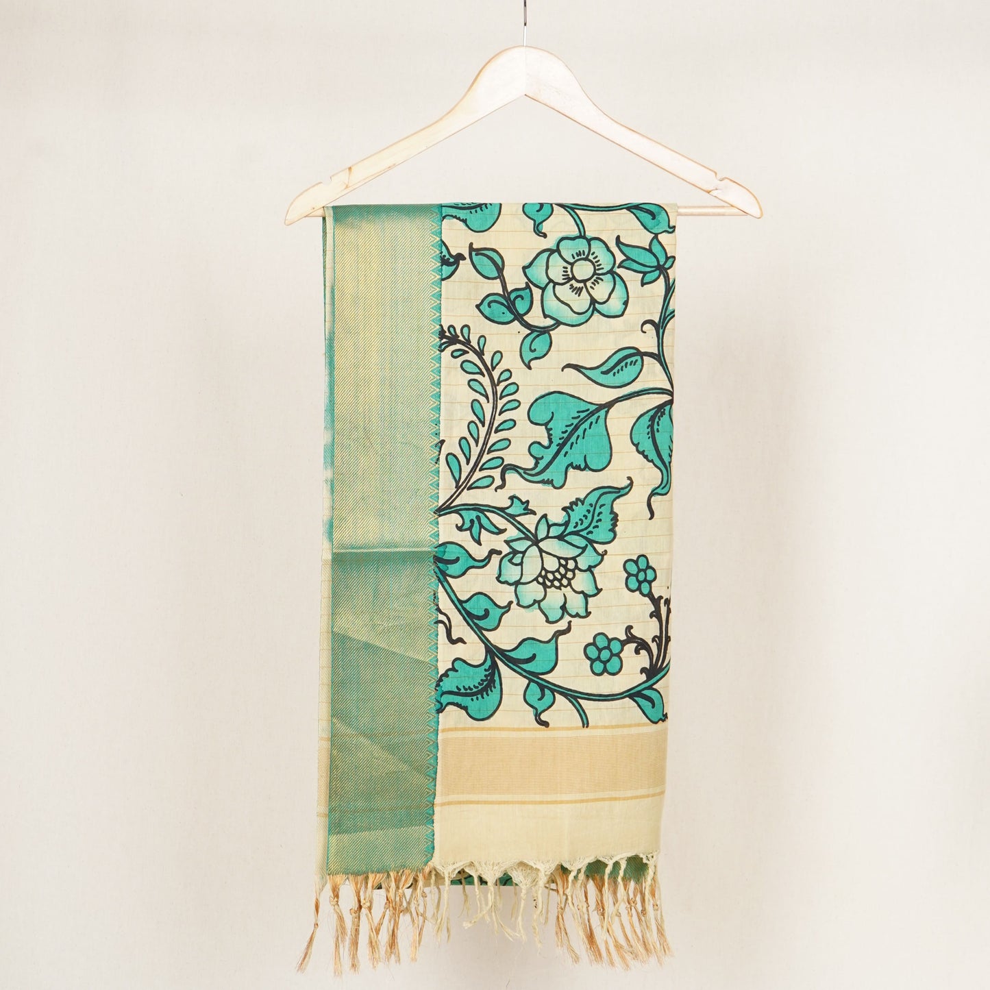 Beige & Green Pen Kalamkari Cotton Silk Dupatta