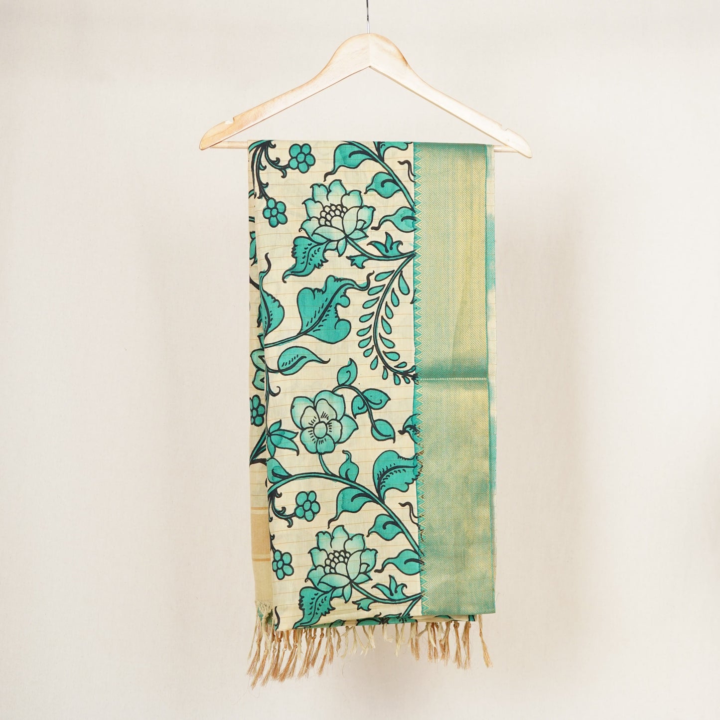 Beige & Green Pen Kalamkari Cotton Silk Dupatta