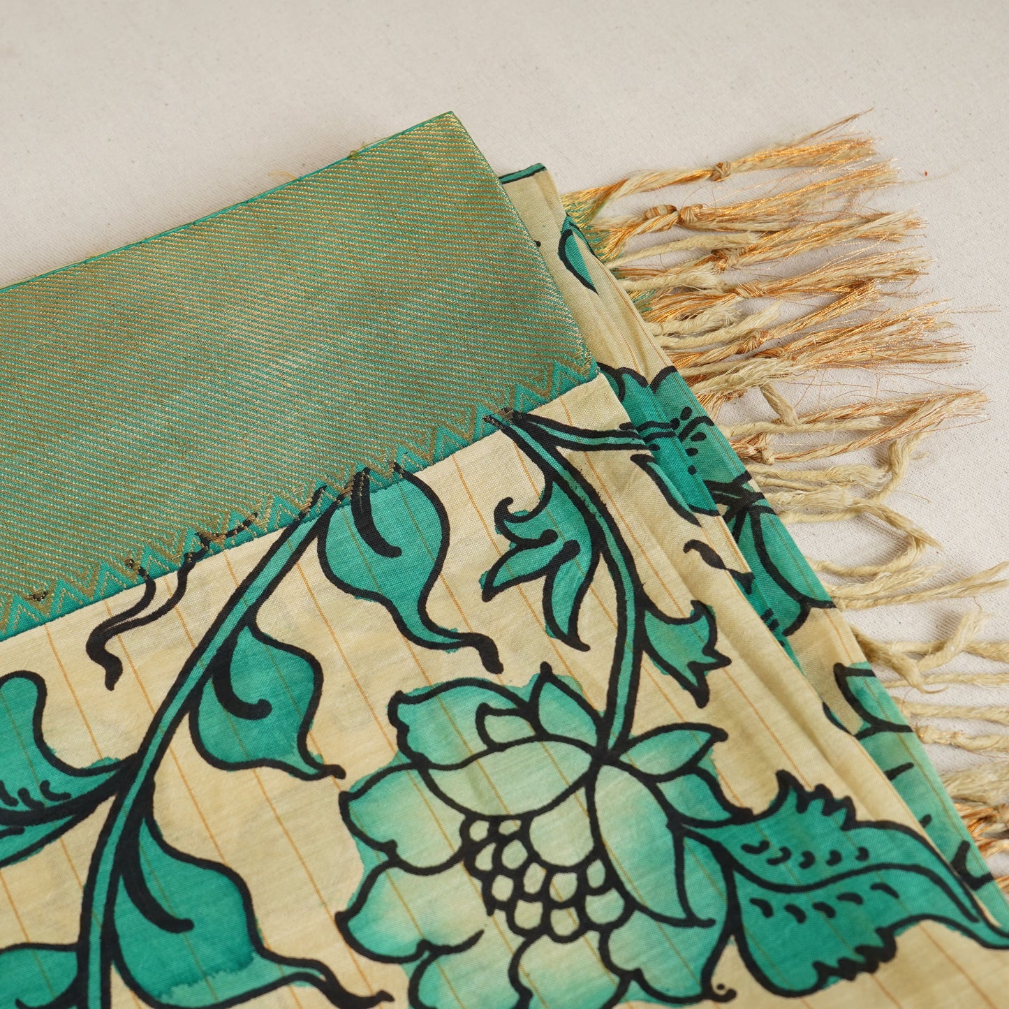 Beige & Green Pen Kalamkari Cotton Silk Dupatta