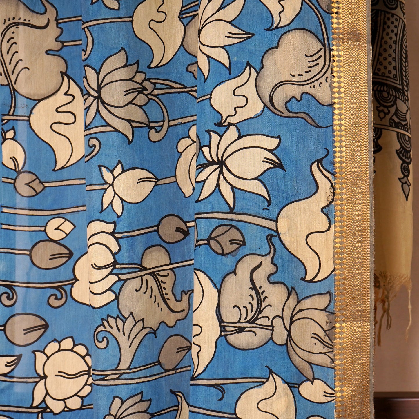 Beige & Blue Pen Kalamkari Cotton Silk Dupatta