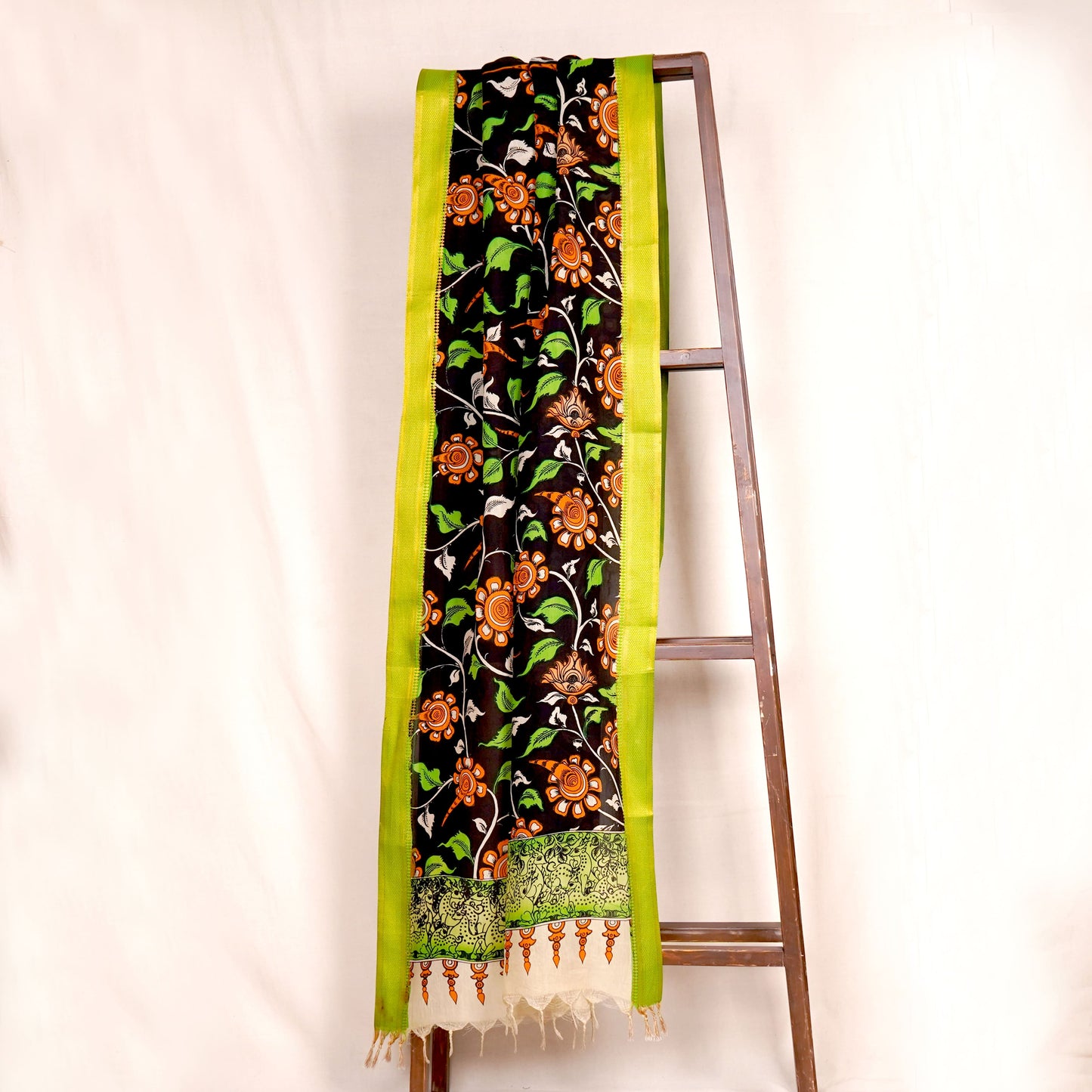 Black & Green Pen Kalamkari Cotton Silk Dupatta