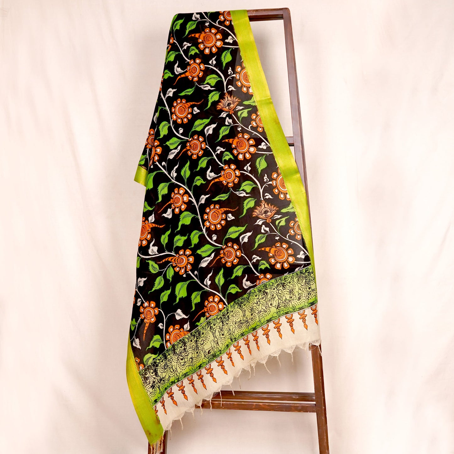 Black & Green Pen Kalamkari Cotton Silk Dupatta