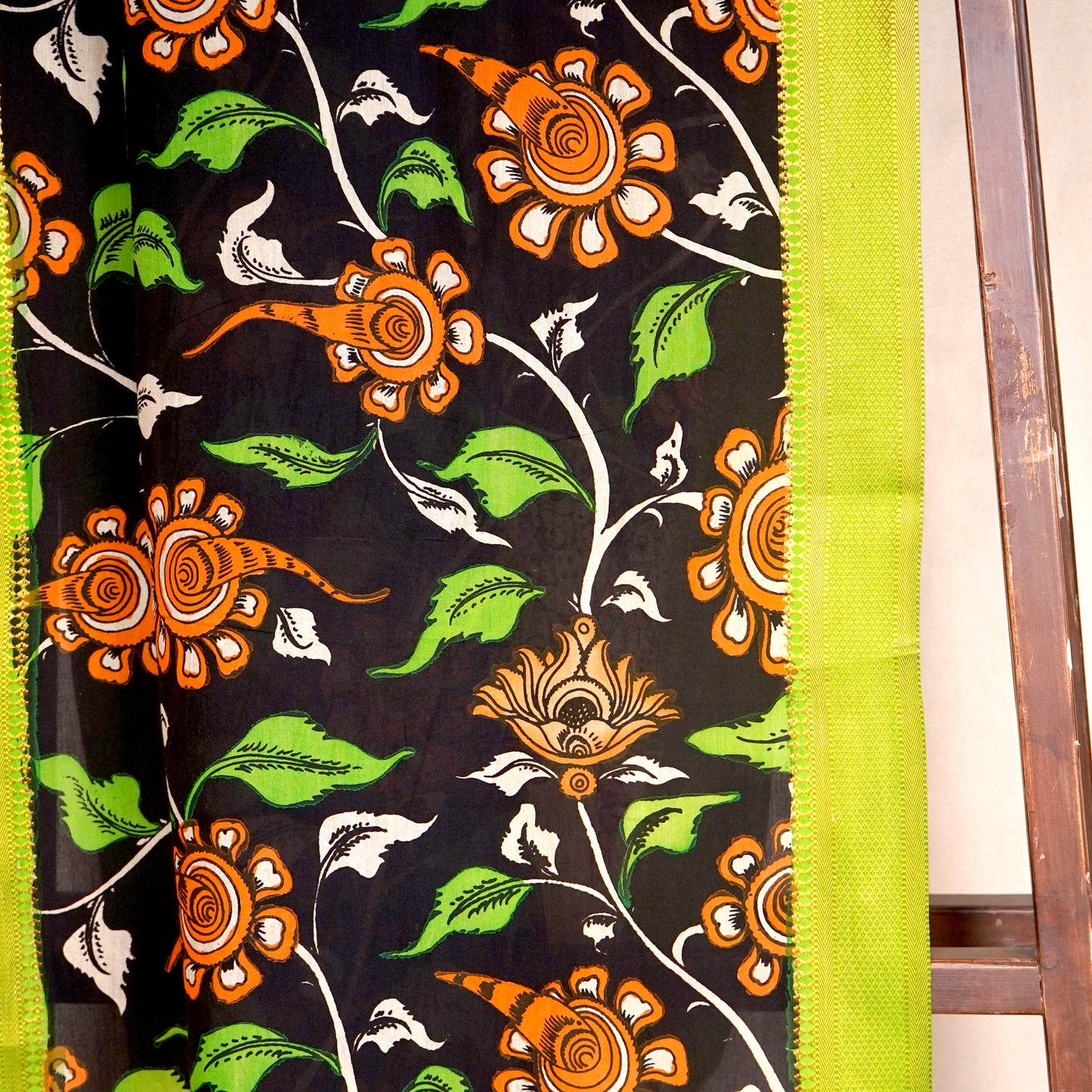 Black & Green Pen Kalamkari Cotton Silk Dupatta