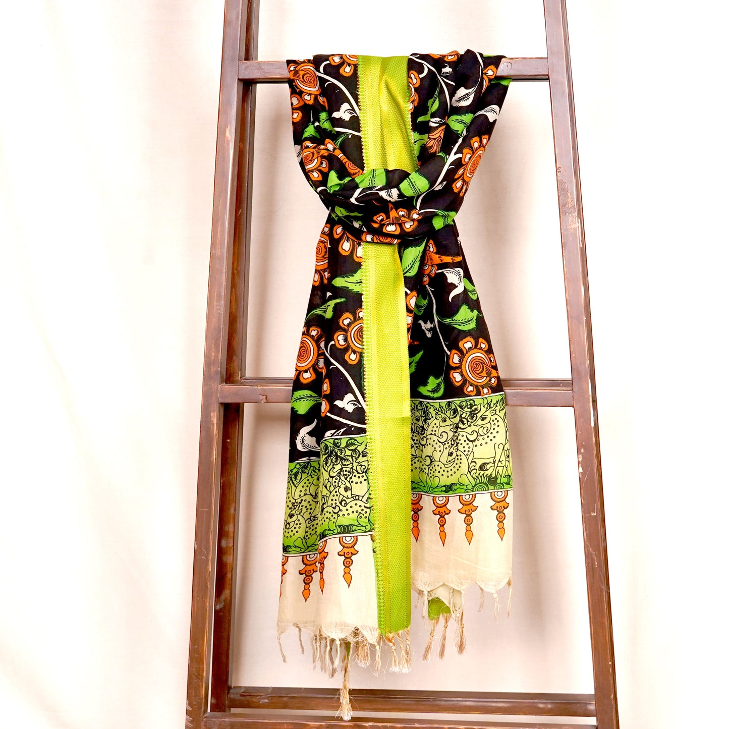 Black & Green Pen Kalamkari Cotton Silk Dupatta
