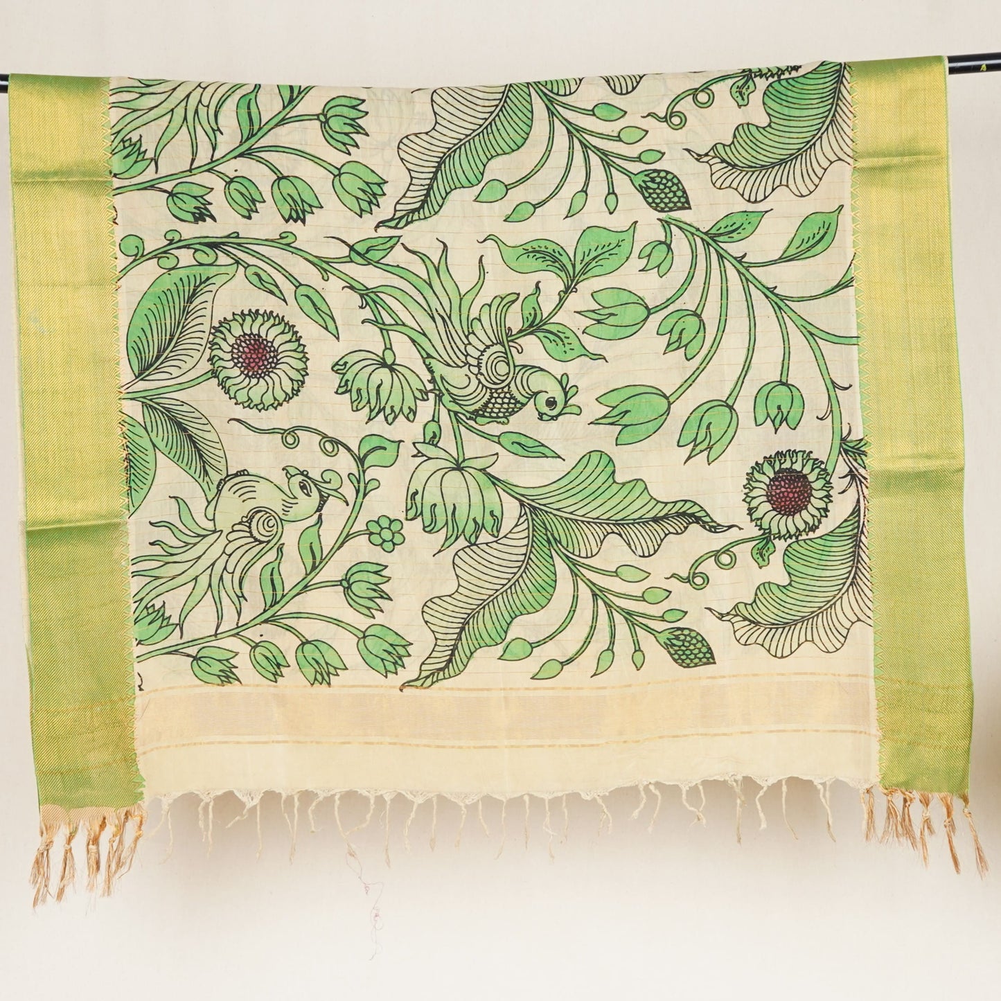 Beige & Green Pen Kalamkari Cotton Silk Dupatta