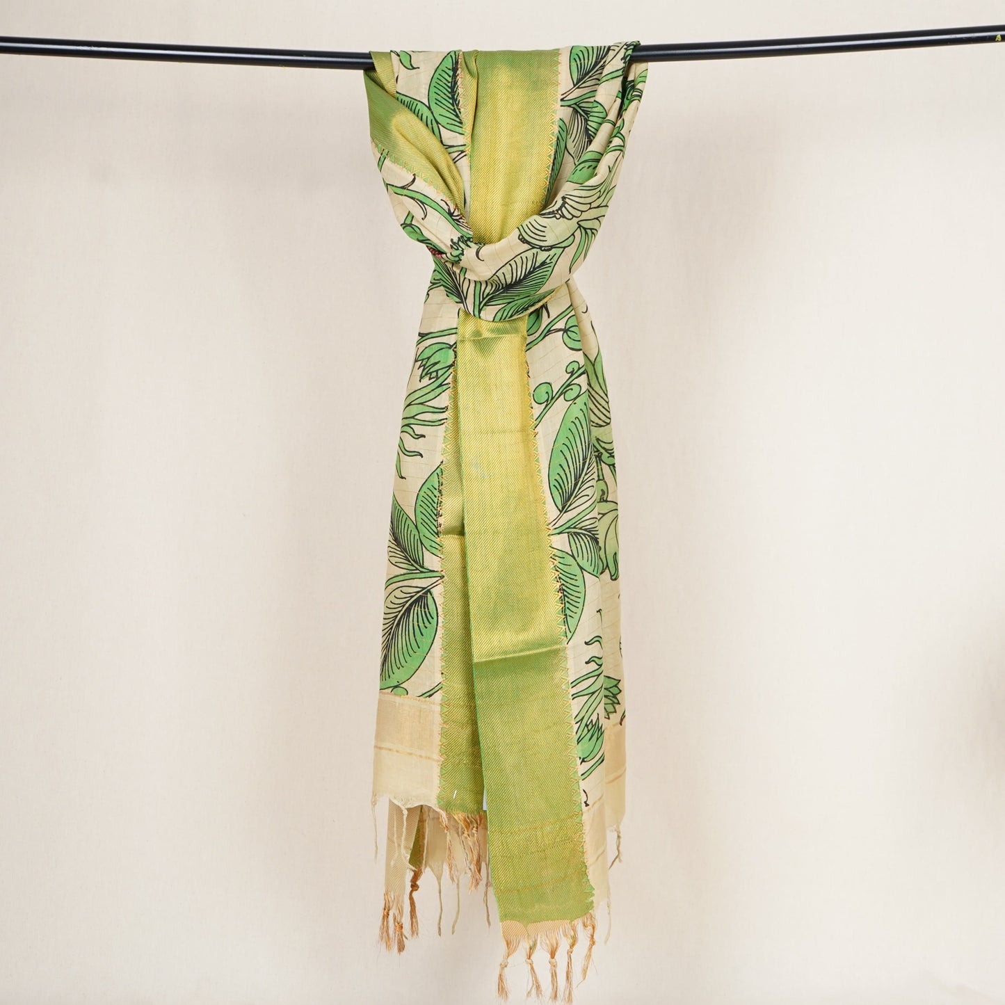 Beige & Green Pen Kalamkari Cotton Silk Dupatta