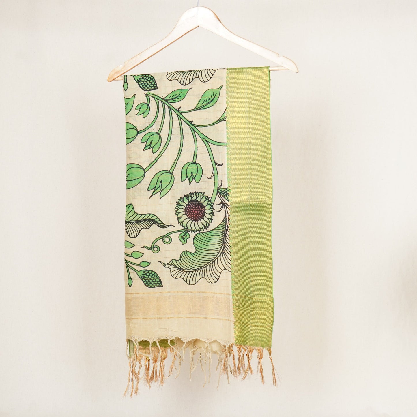 Beige & Green Pen Kalamkari Cotton Silk Dupatta