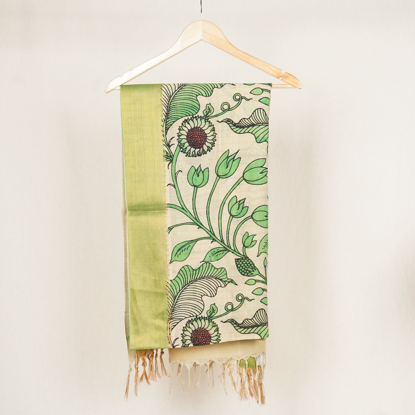 Beige & Green Pen Kalamkari Cotton Silk Dupatta