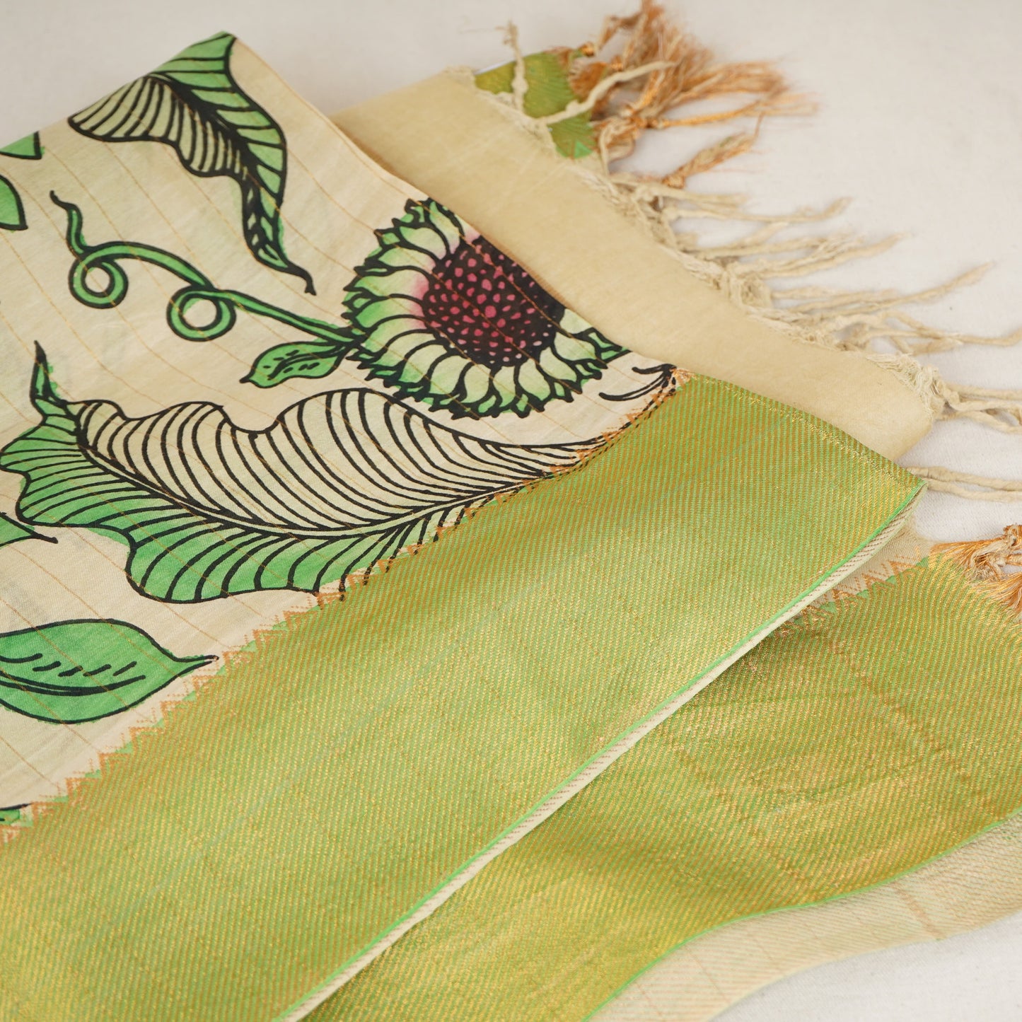 Beige & Green Pen Kalamkari Cotton Silk Dupatta