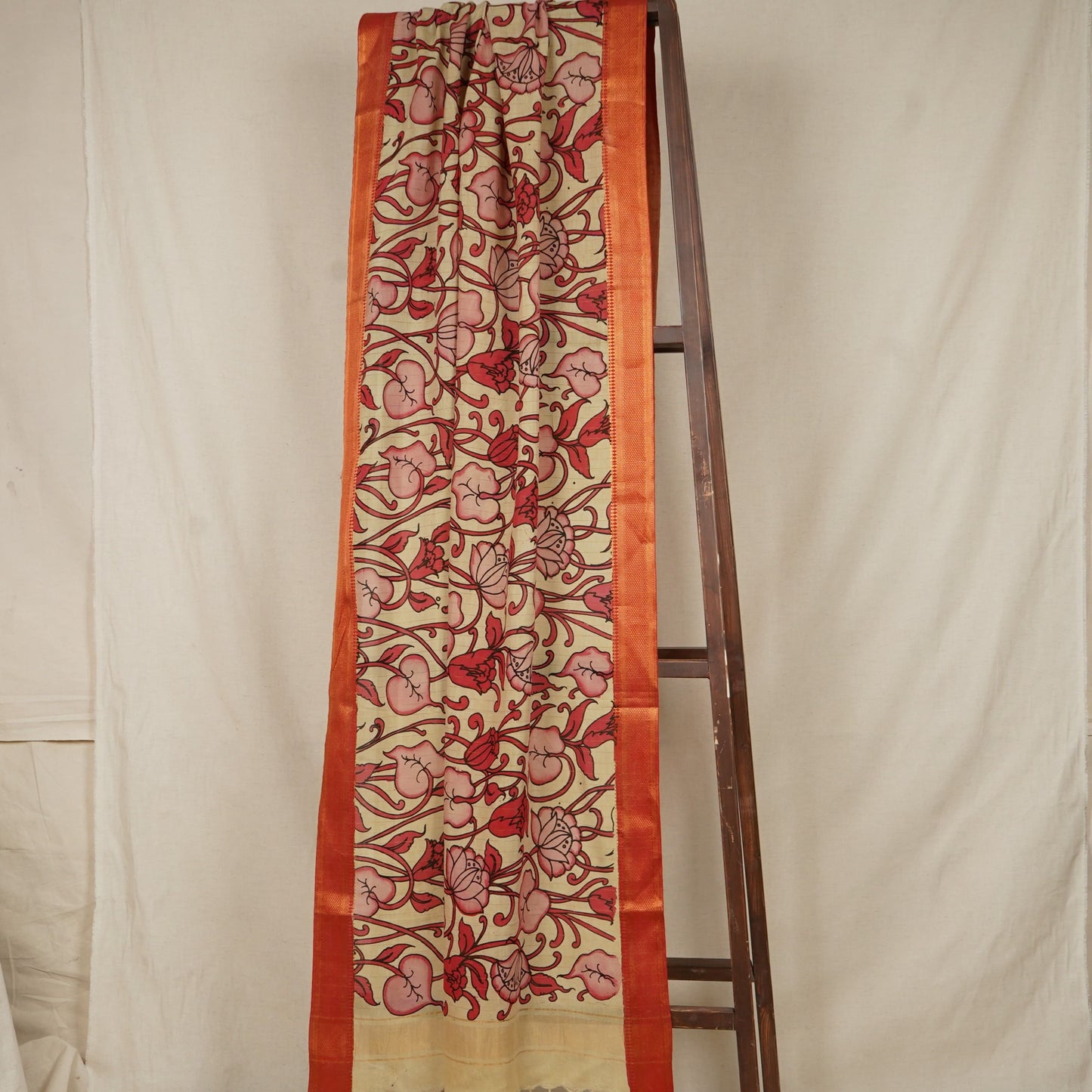 Beige & Brown Pen Kalamkari Cotton Silk Dupatta