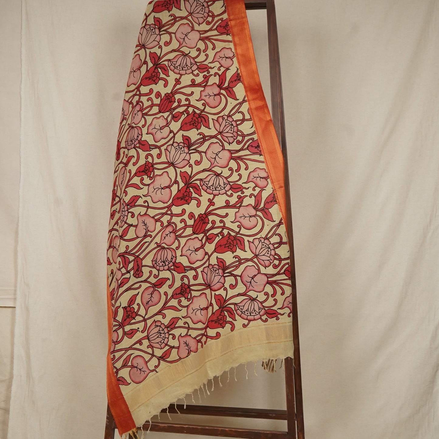 Beige & Brown Pen Kalamkari Cotton Silk Dupatta