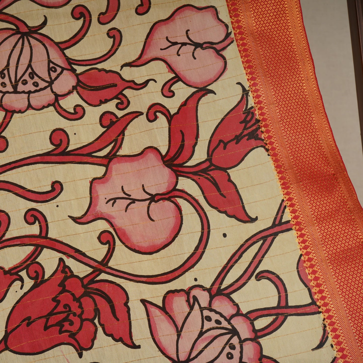 Beige & Brown Pen Kalamkari Cotton Silk Dupatta