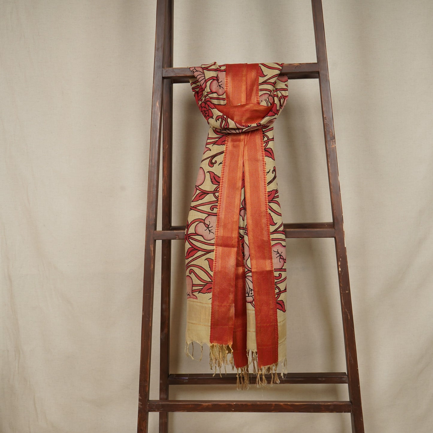 Beige & Brown Pen Kalamkari Cotton Silk Dupatta