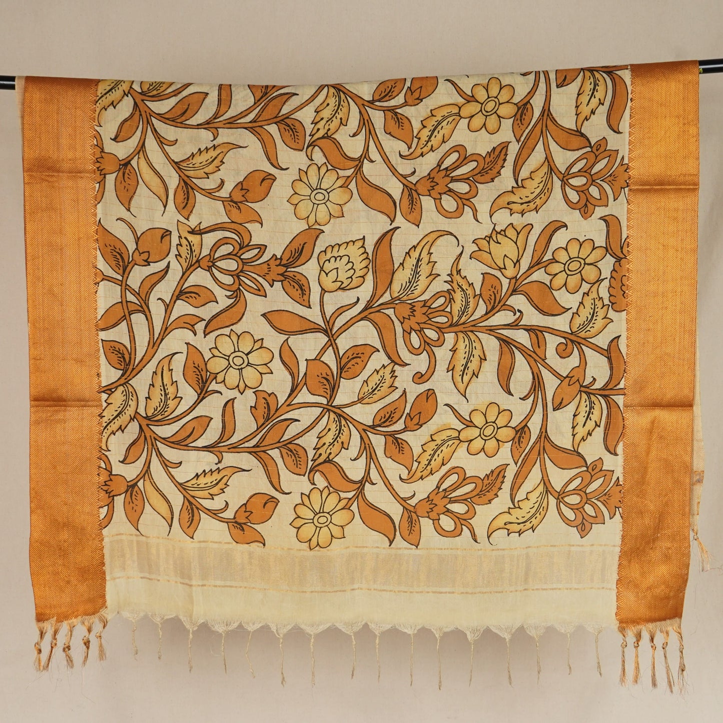 Beige & Brown Pen Kalamkari Cotton Silk Dupatta