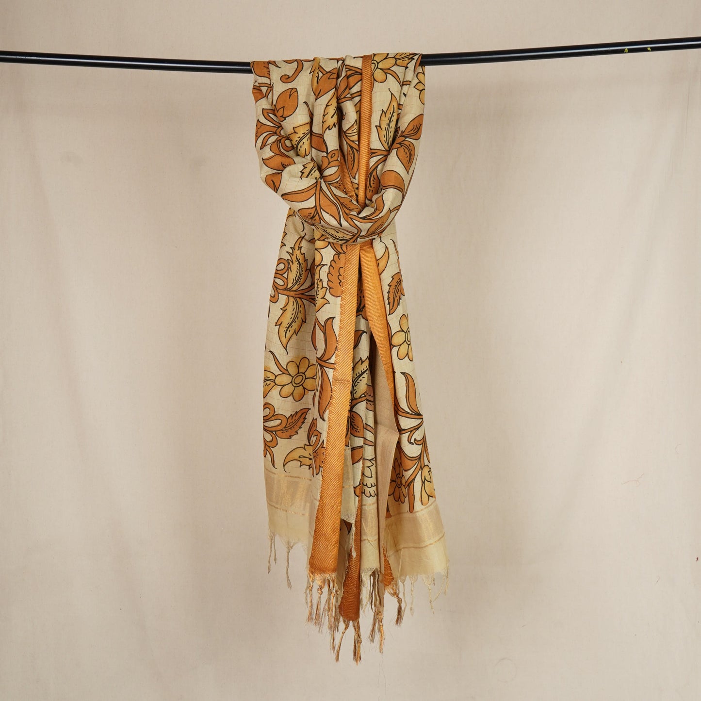 Beige & Brown Pen Kalamkari Cotton Silk Dupatta