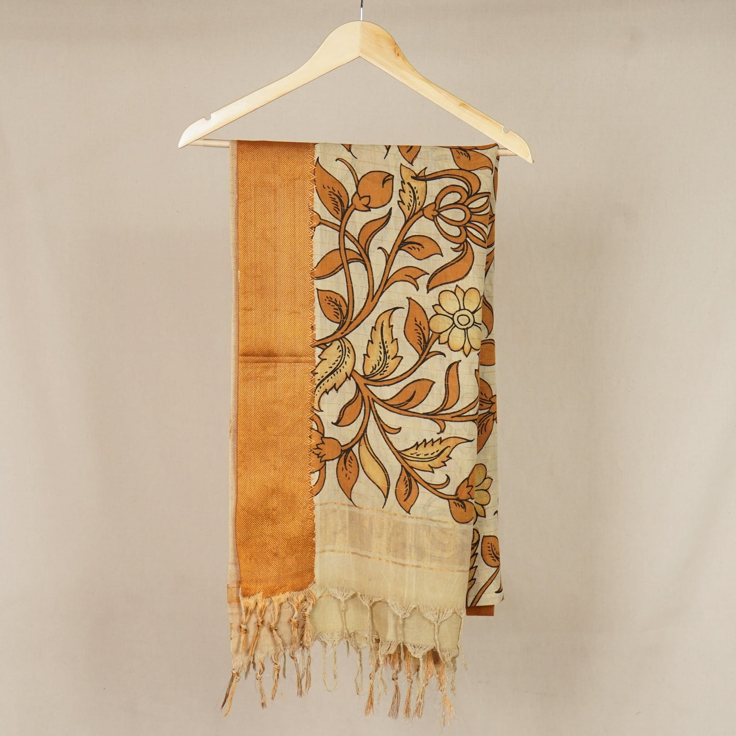 Beige & Brown Pen Kalamkari Cotton Silk Dupatta
