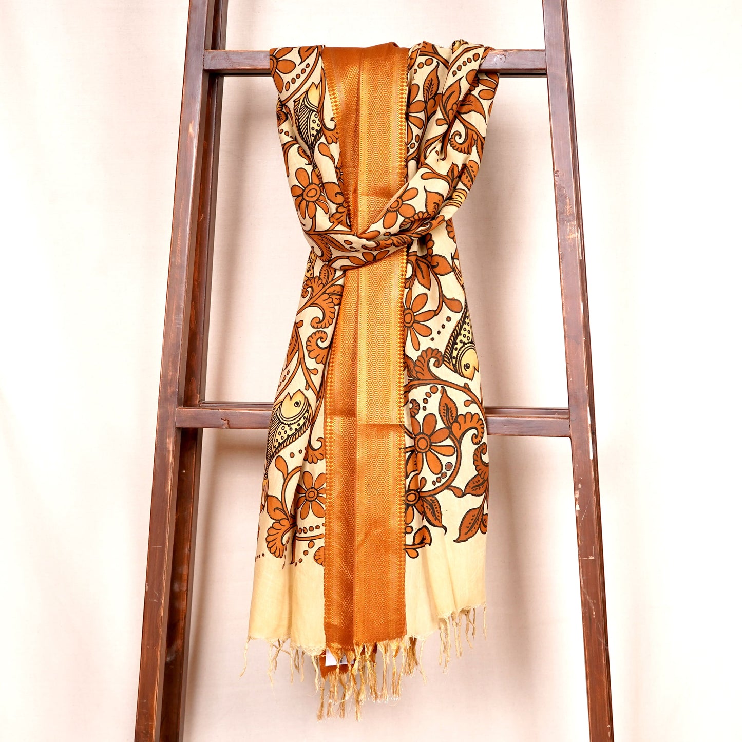Beige & Brown Pen Kalamkari Cotton Silk Dupatta