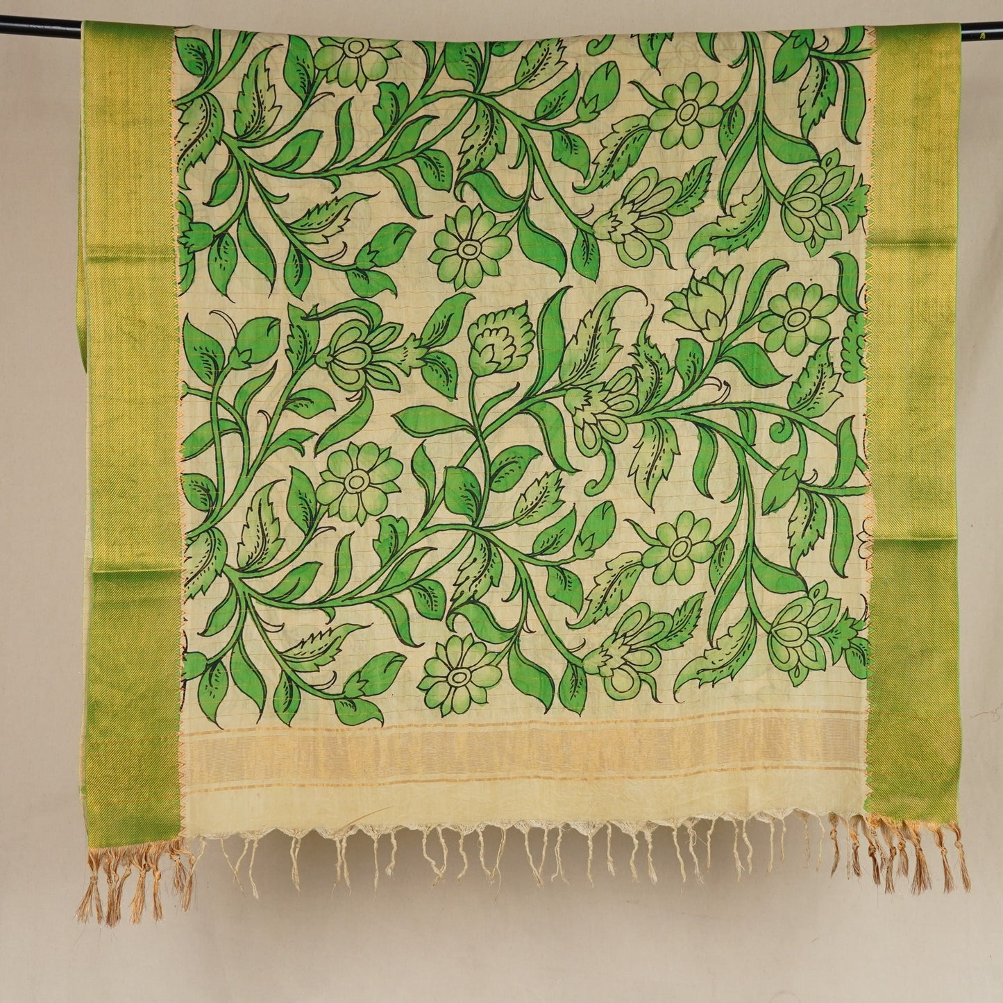 Beige & Green Pen Kalamkari Cotton Silk Dupatta