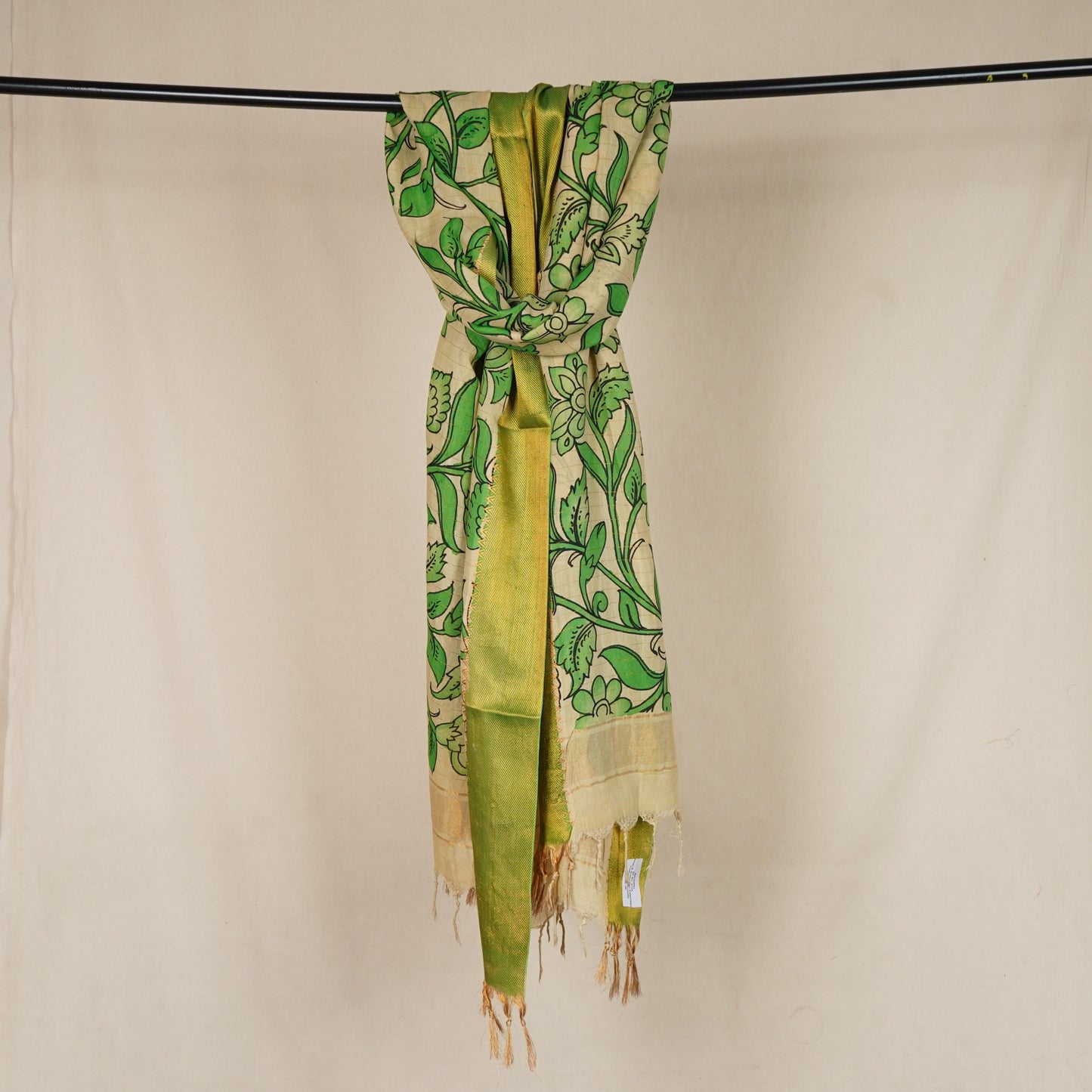Beige & Green Pen Kalamkari Cotton Silk Dupatta