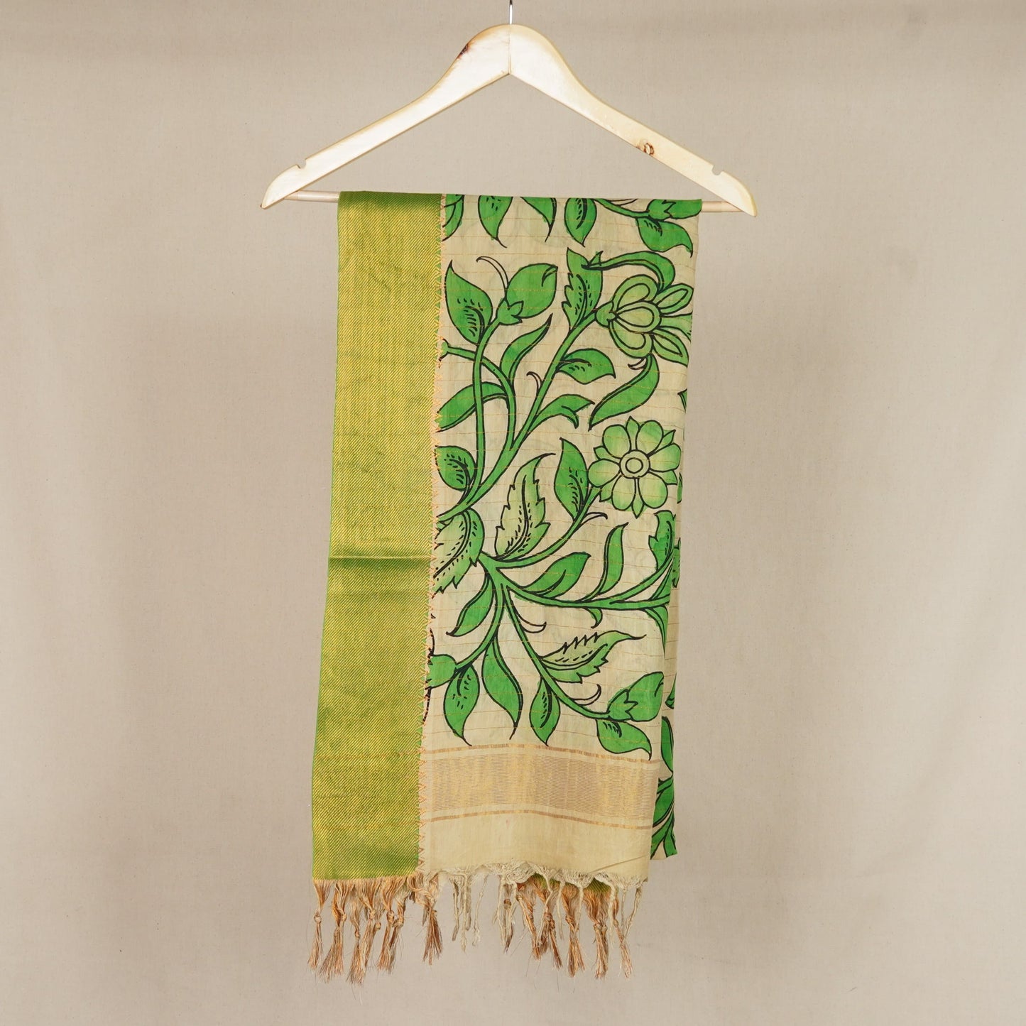 Beige & Green Pen Kalamkari Cotton Silk Dupatta