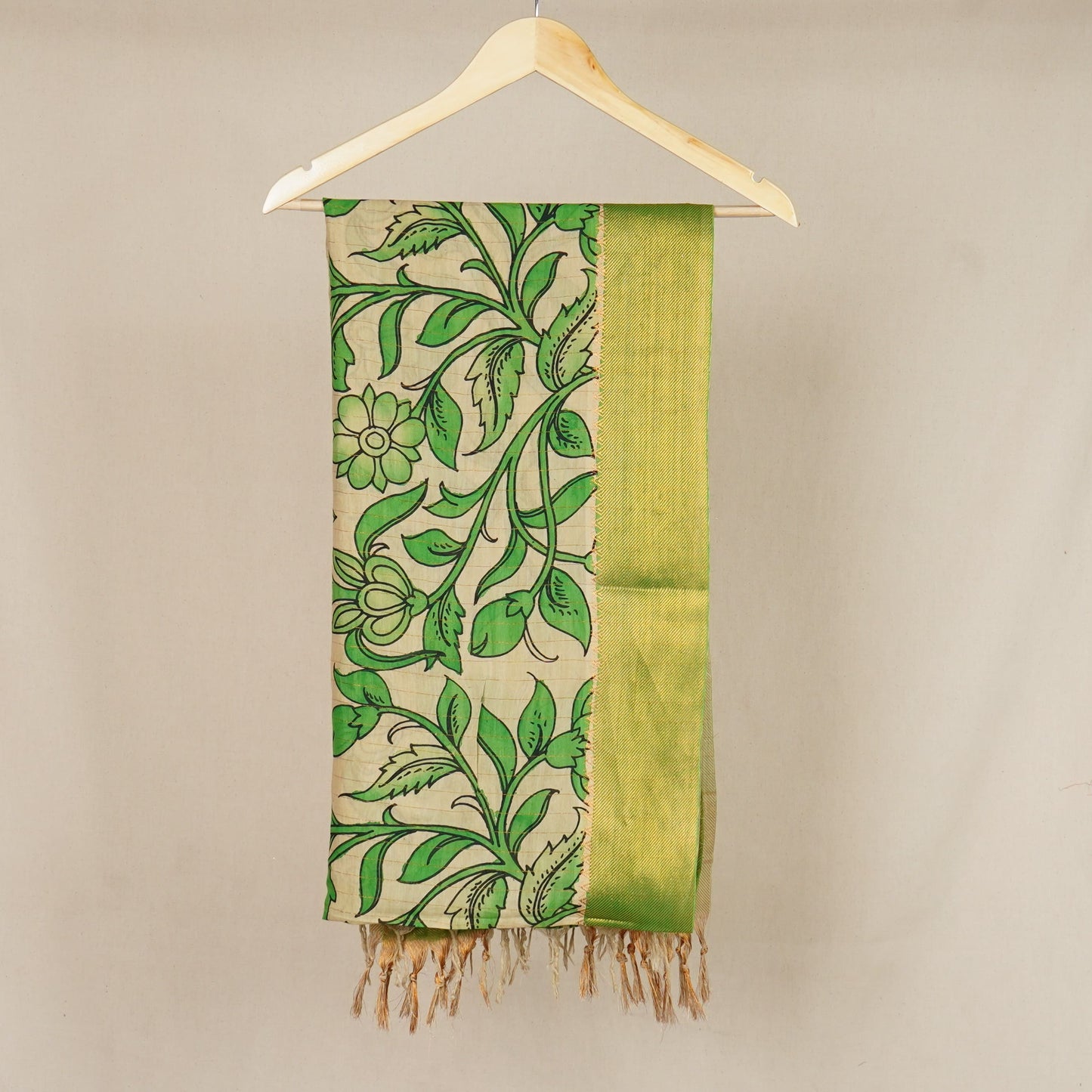 Beige & Green Pen Kalamkari Cotton Silk Dupatta
