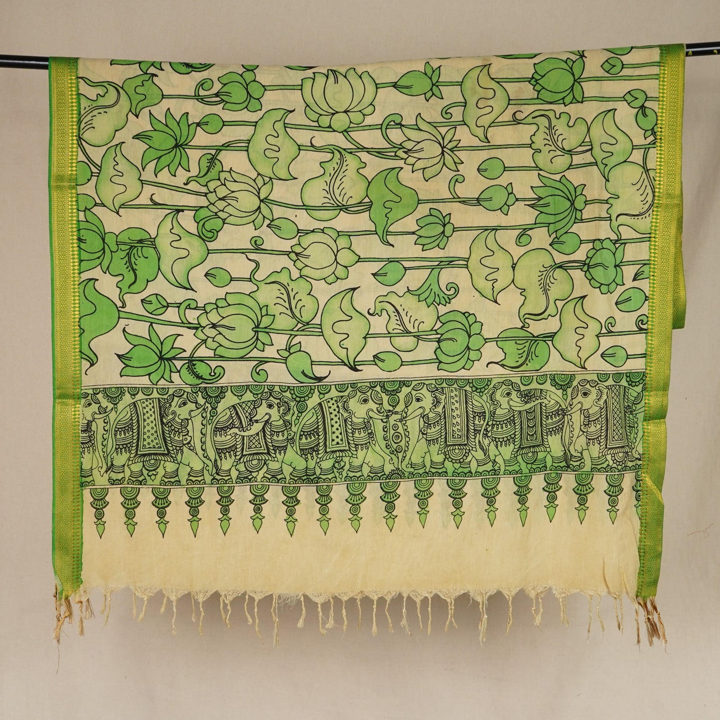 Beige & Green Pen Kalamkari Cotton Silk Dupatta