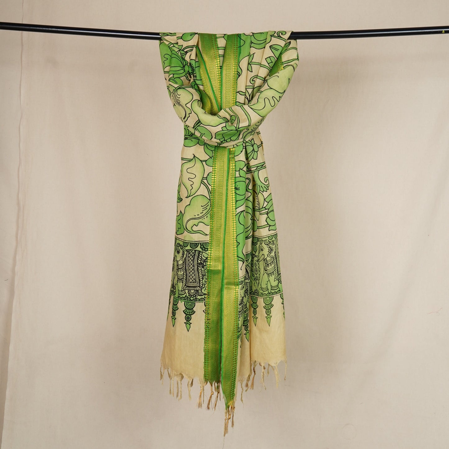 Beige & Green Pen Kalamkari Cotton Silk Dupatta