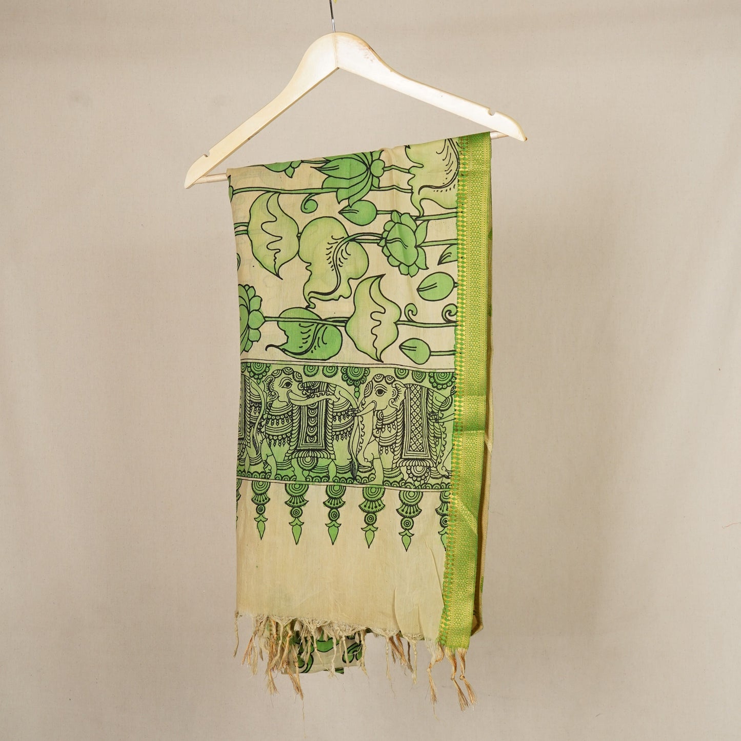 Beige & Green Pen Kalamkari Cotton Silk Dupatta