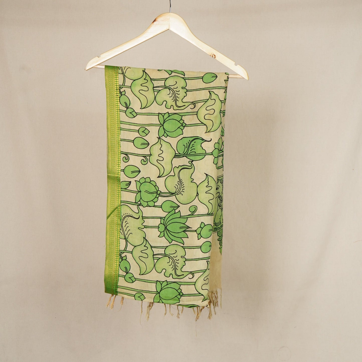 Beige & Green Pen Kalamkari Cotton Silk Dupatta