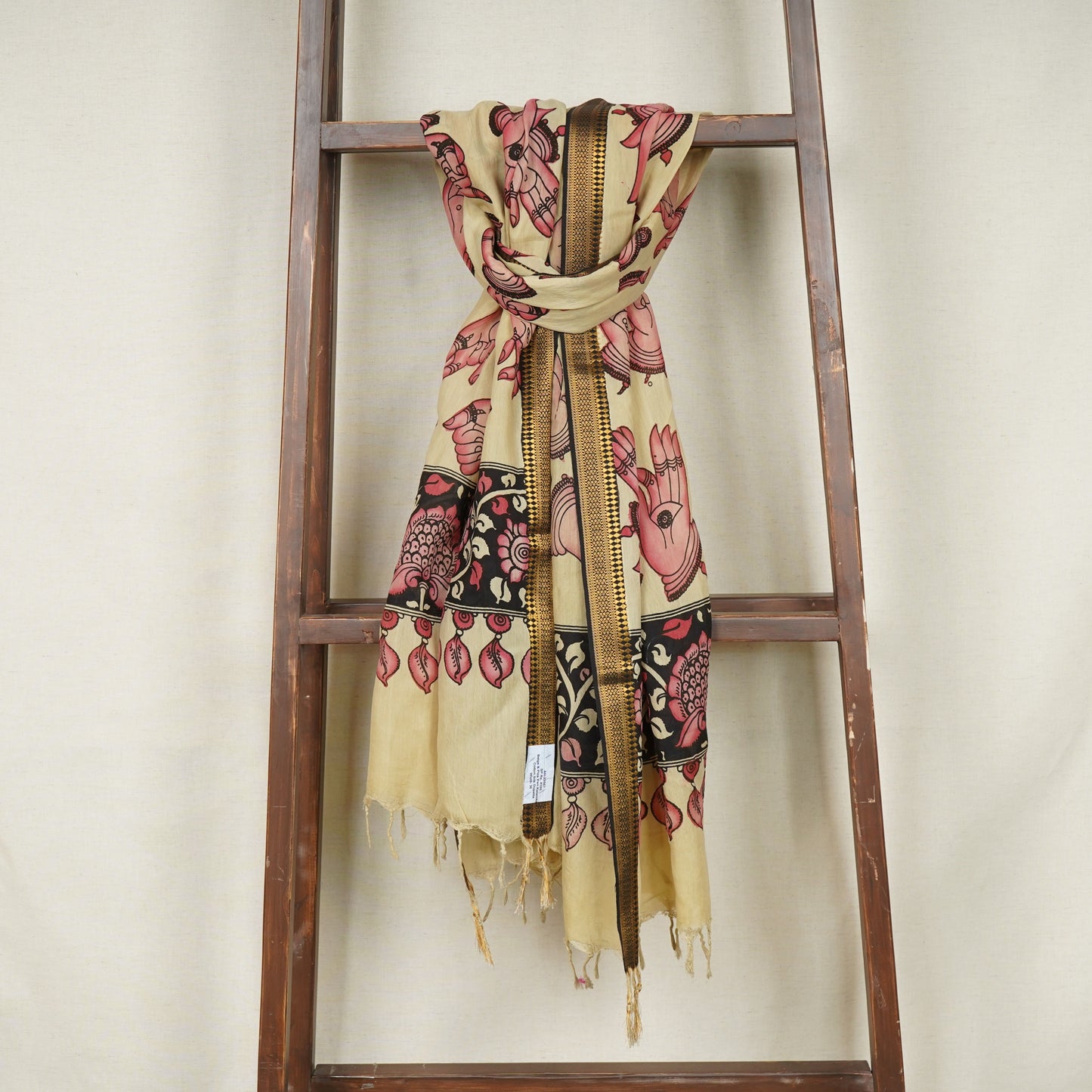 Beige & Pink Pen Kalamkari Cotton Silk Dupatta
