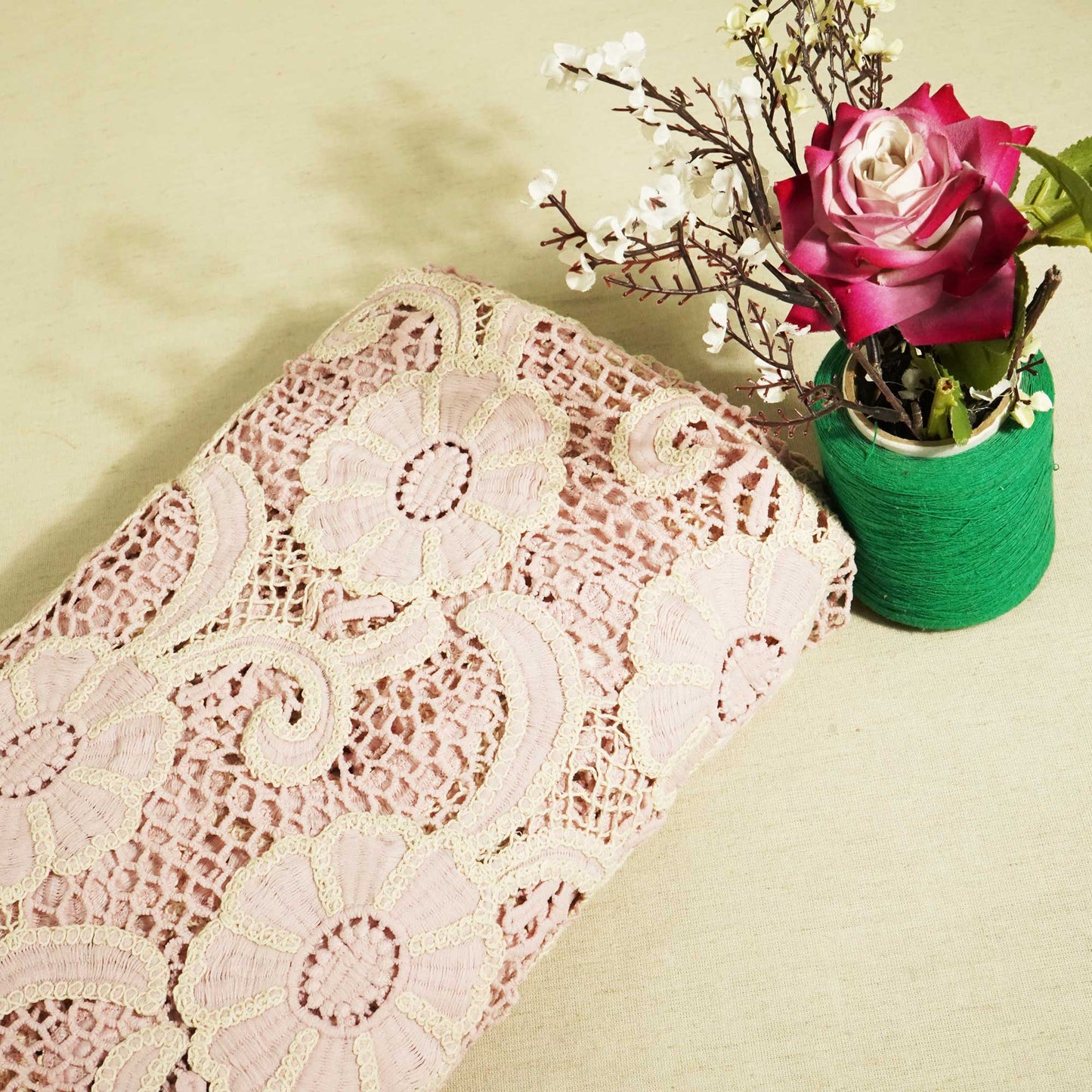 Pink Floral Cotton Crochet Fabric CF-22594