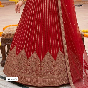 Red Zari Stripes With Sequins Embroidery Georgette Fabric DR-32370 - TradeUNO