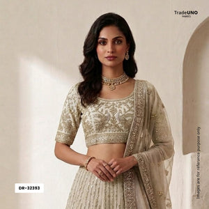 Off White Mughal Bird & Floral Jaal Embroidery Georgette Fabric DR-32393 - TradeUNO