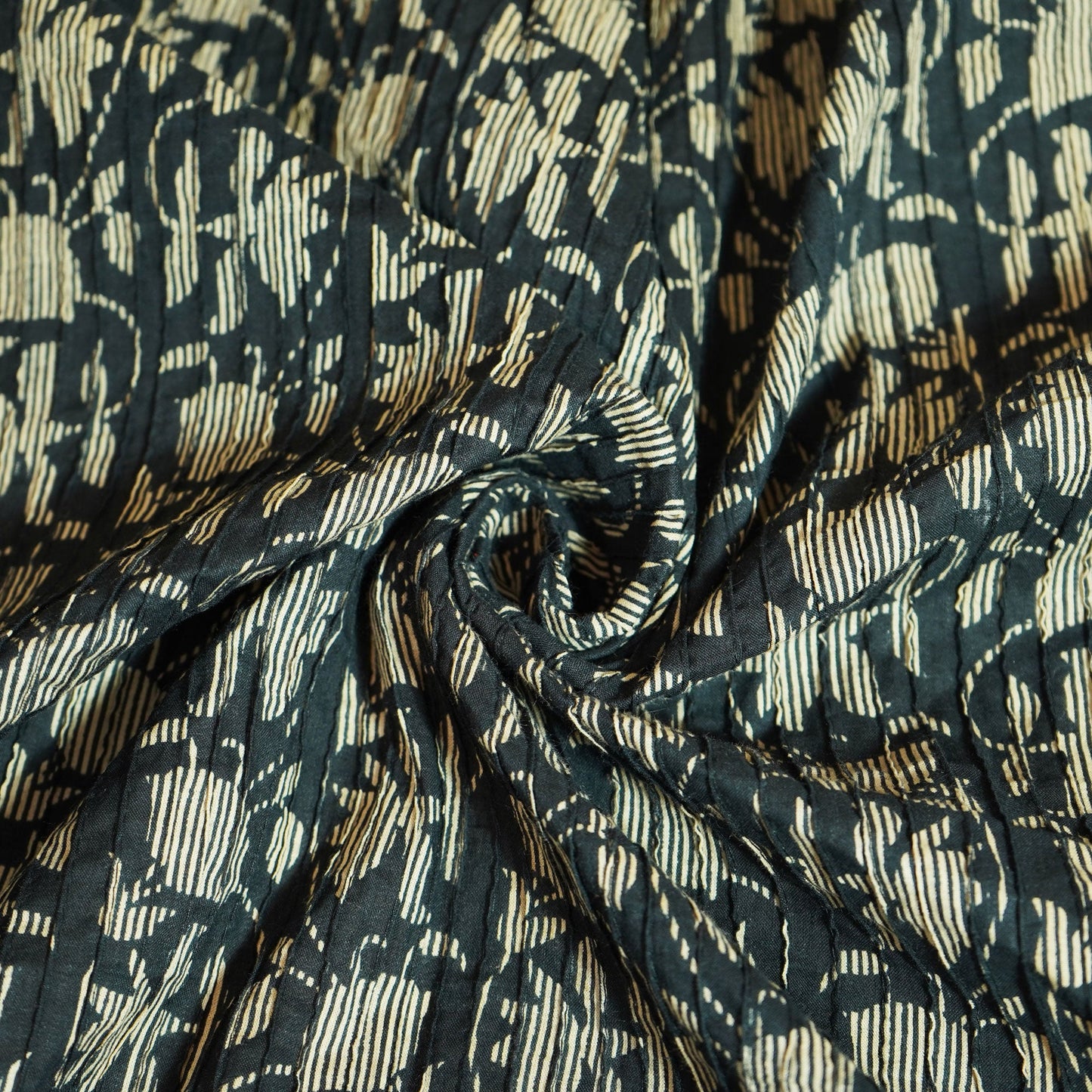Black Mughal Print Pintuck Cotton Fabric MFL-23663