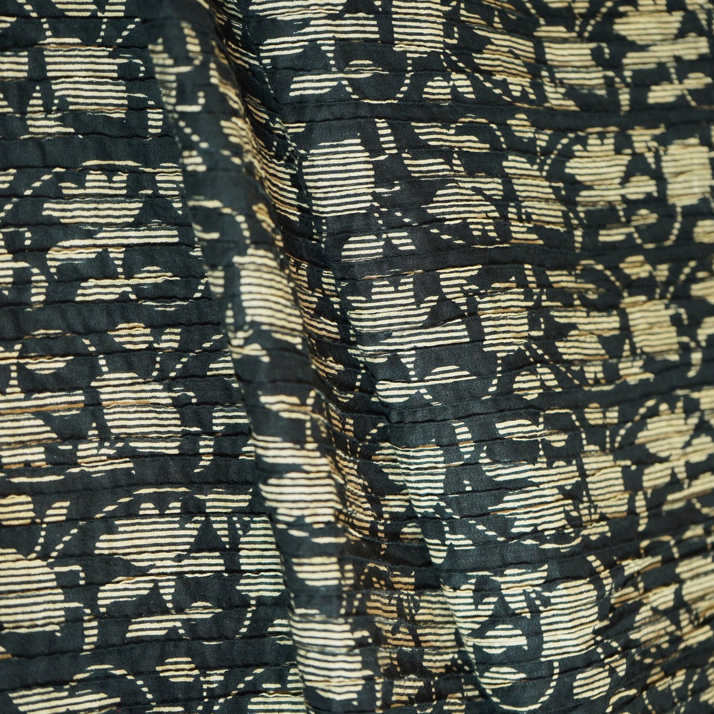 Black Mughal Print Pintuck Cotton Fabric MFL-23663