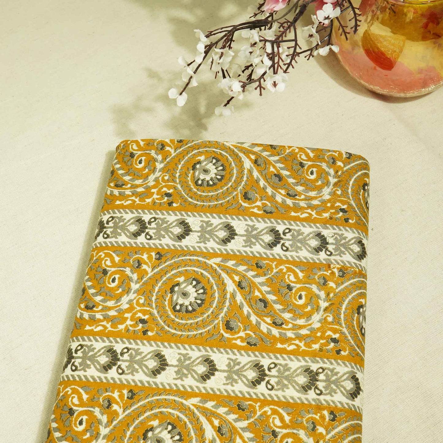 Mustard Floral Foil Print Cotton Fabric PB-23769